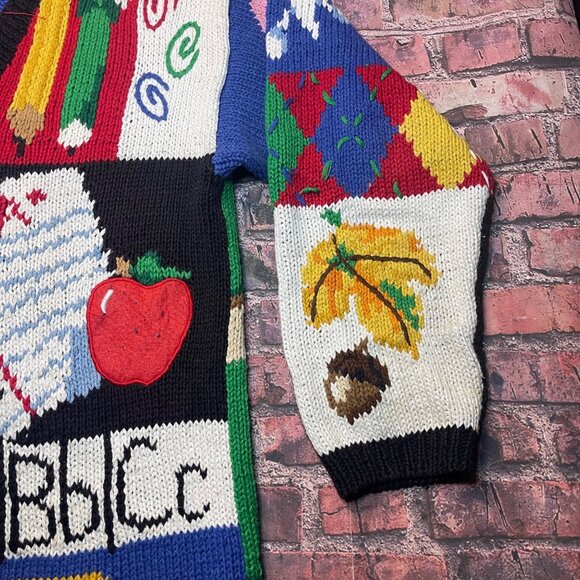 Vtg The Eagle's Eye Cardigan Sweater Hand Knit Teacher School Abcs 123s Sz XL - Picture 5 of 10